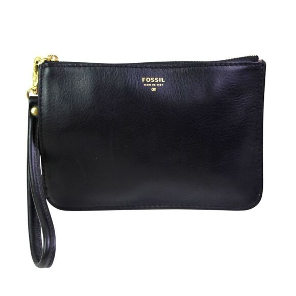 NWT Fossil BLACK GENUINE LEATHER ZIP TOP HANDBAG CLUTCH WRISTLET WALLET POUCH - Picture 1 of 12